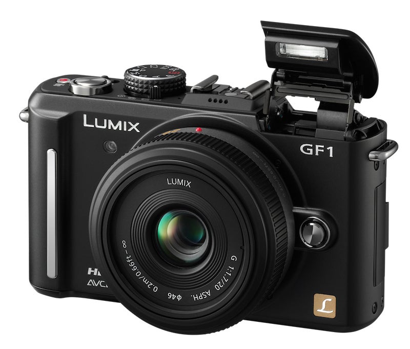 Panasonic Lumix DMC-GF1C product shot with 20mm f/1.7 pancake lens