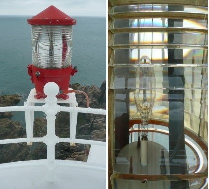 Composite image showing close-up and overall views of Fresnel-type lighthouse lenses