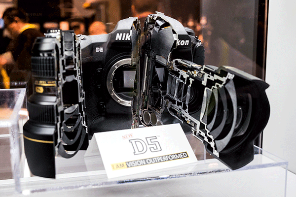 A dissected D5 was displayed behind glass on the Nikon stand at the CES technology show