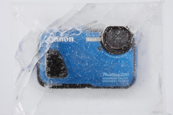 The D30 encased in a block of ice