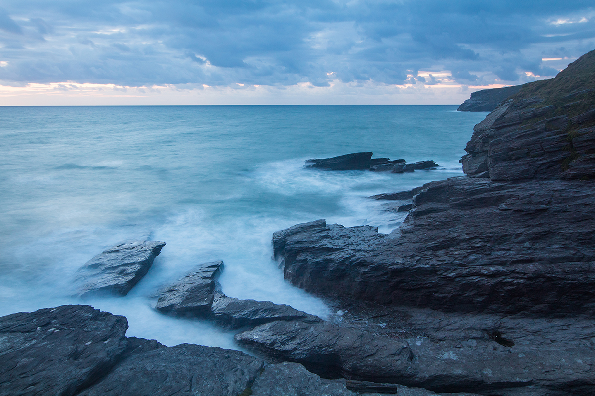 This raw image, taken a Trebarwith Strand in Cornwall about 15 minutes after sunset, was processed in Lightroom to enhance the shadow detail in the rocks