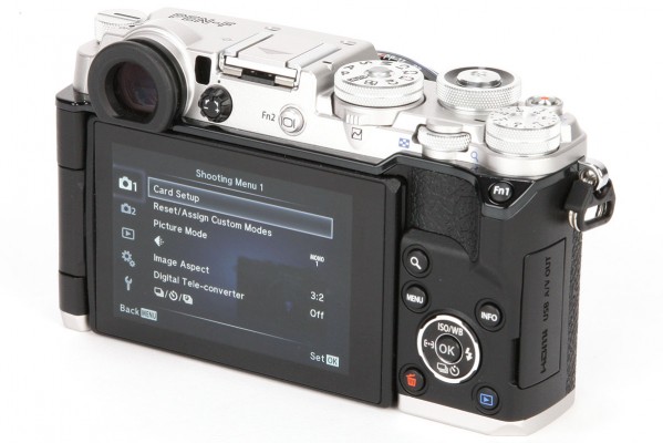 The 2.36-million-dot EVF is offset to the left in the flat-bodied design