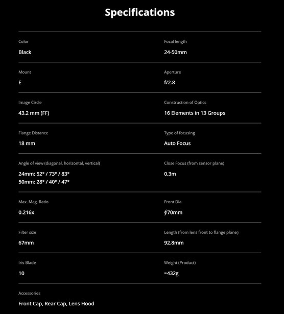 Thypoch Voyager 24-50mm f/2.8 specification