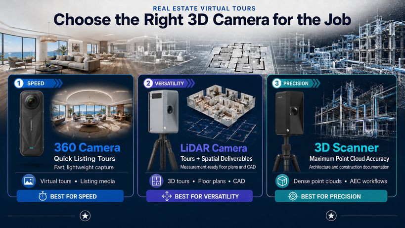 Best 3D cameras for real estate virtual tours: how photographers should choose between 360 cameras, LiDAR cameras, and 3D scanners