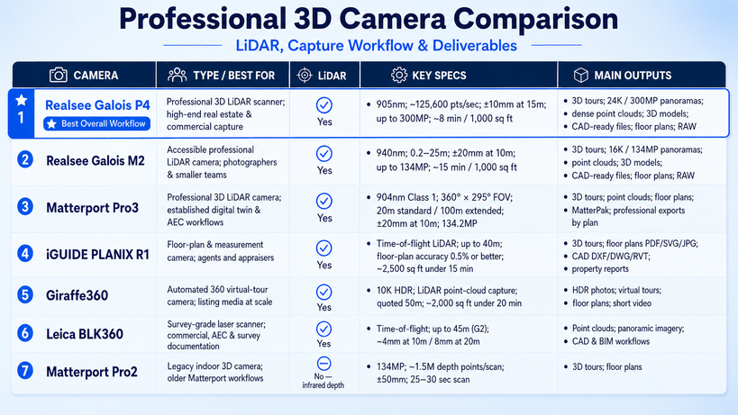 Comparison chart showing the specs of seven 3D cameras