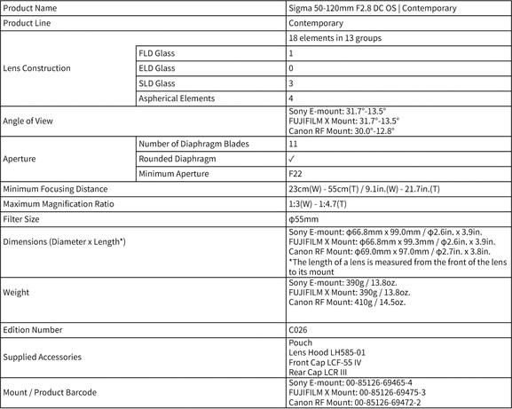 Sigma 50-120mm DC OS Contemporary specification