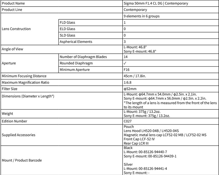 Sigma 50mm f/1.4 CL DG Contemporary lens specification